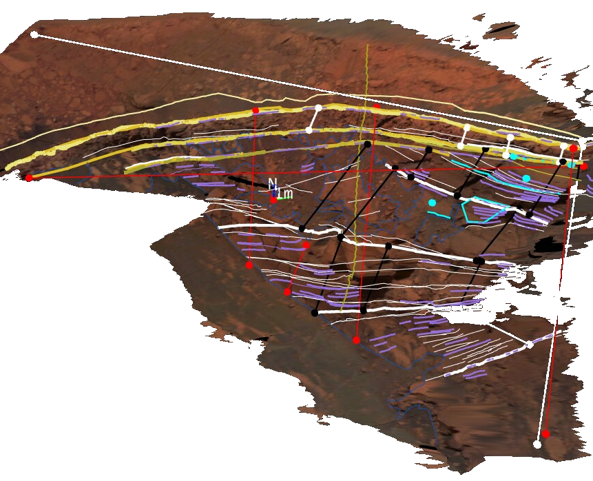 A 3D outcrop model overlaid with point, line and polyline annotations in several colours, plus a dip-and-strike orientation marker.