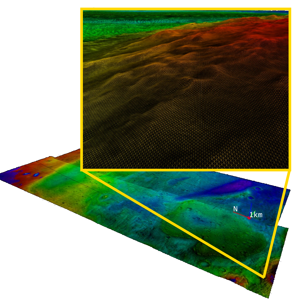 A colour-coded elevation map of a large Martian region, with a zoomed inset revealing the dense triangle mesh beneath the surface.