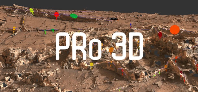 The PRo3D logo over a 3D reconstruction of a Martian outcrop annotated with coloured measurement markers.